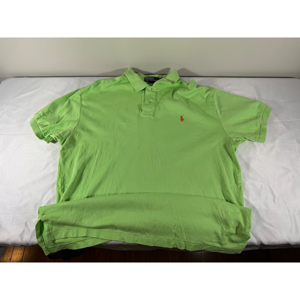 Polo Ralph Lauren Mens Lime Green Short Sleeve Pique Polo Shirt Orange Pony L